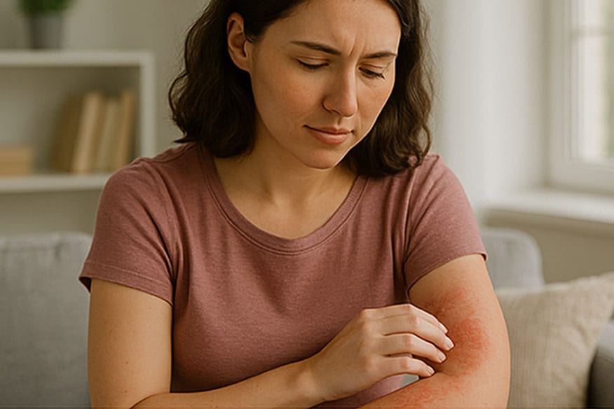 a person scratching their arm while sitting on a sofa
