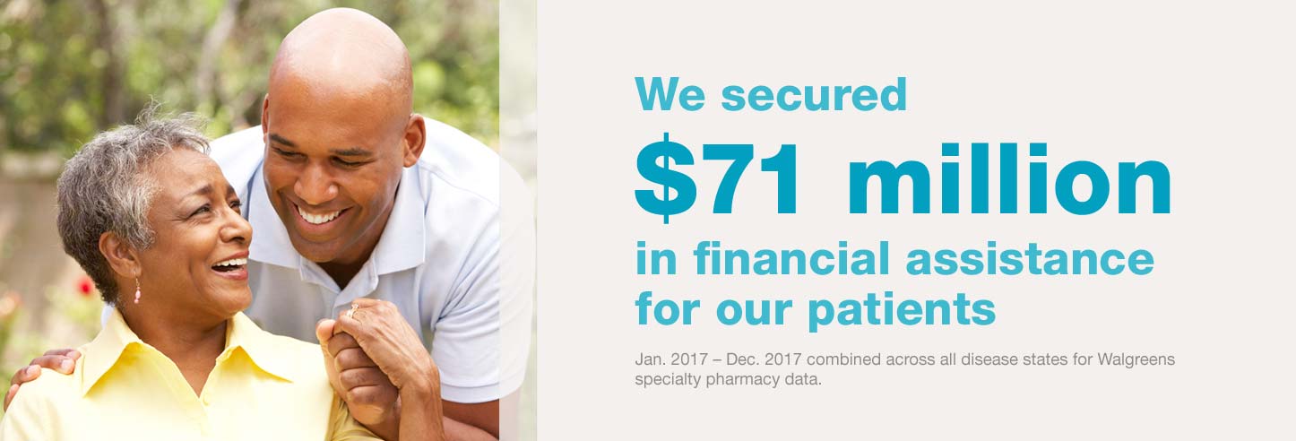 We secured $71 million in financial assistance for our patients. Jan. 2017-Dec. 2017 combined across all disease states for Walgreens specialty pharmacy data.