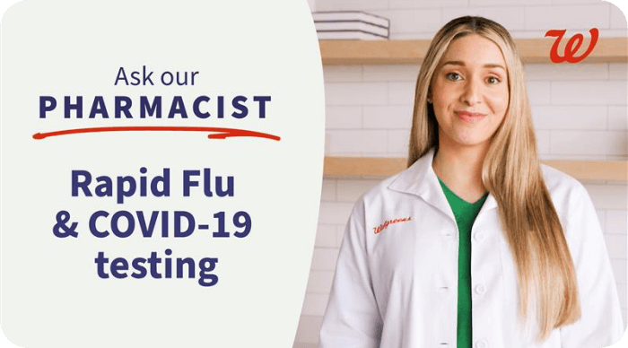 Ask our Pharmacist. Rapid Flu & COVID-19 testing. Play video.